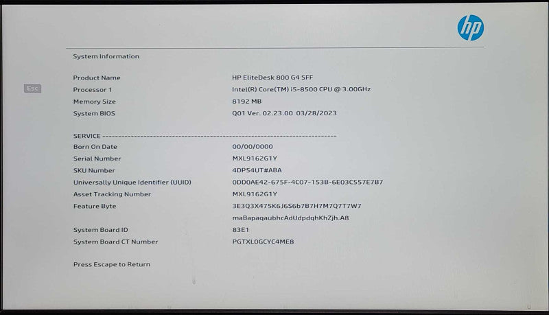 HP EliteDesk 800 G4 SFF i5-8500 3.00GHz, 8GB DDR4, 256GB Nvme