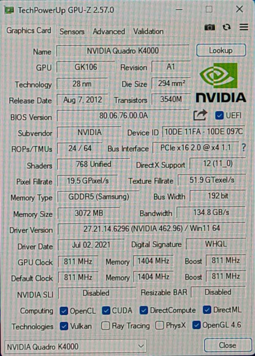 NVIDIA Quadro K4000, 3GB GDDR5 PCIe Graphics Card, 1x DVI-I, 2xDP
