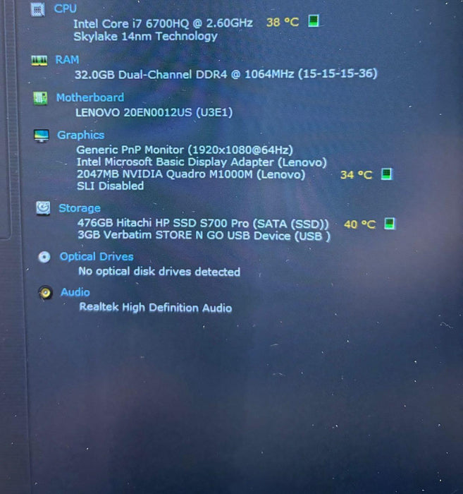 Lenovo ThinkPad P50 i7-6700HQ@2.6GHz QUADRO M1000M 2GB GPU 32RAM 512SSD READ!