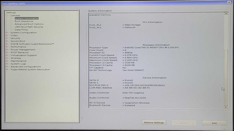 Dell OptiPlex 3070 Micro, i5-9500T 2.20GHz, 8GB DDR4, 256GB NVMe, WiFi, w/PWR