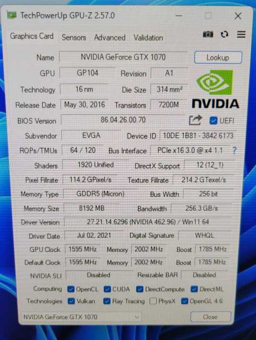 EVGA NVIDIA GTX 1070 SC 8GB PCIE %