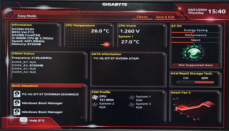 GIGABYTE H370M DS3H DDR4 DP+VGA+DVI+HDMI w/Intel Core i5-9600K 3.70GHz