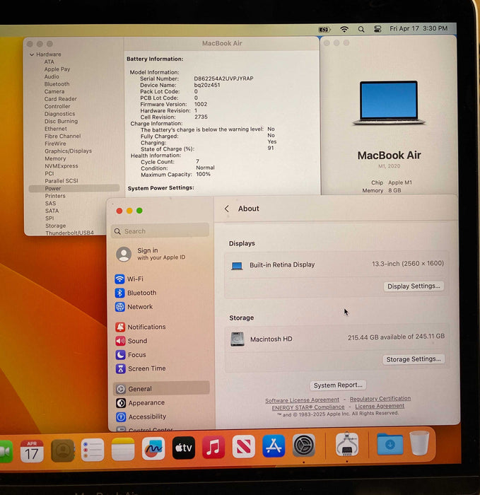 Apple MacBook Air M1 13 ' 2020 8GB RAM 256GB SSD No Power Adapter