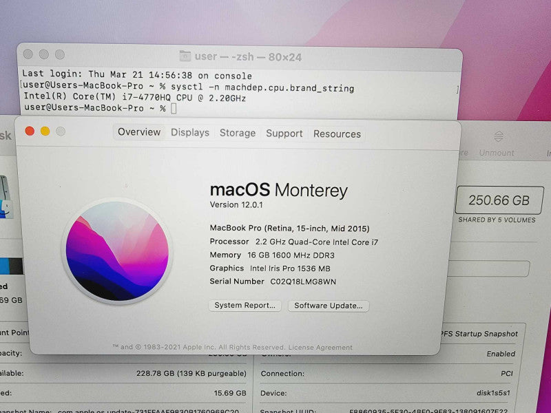 Apple Macbook Pro Retina 2015 15\\" 4-Core i7-4770HQ @ 2.2GHz 16GB DDR3 250GB SSD [Read] (