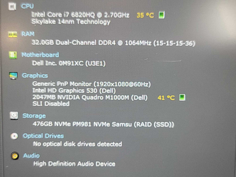 Dell Precision 7510 | i7-6820HQ| 32GB DDR4| 512GB SSD | NO BATTERY  Î²