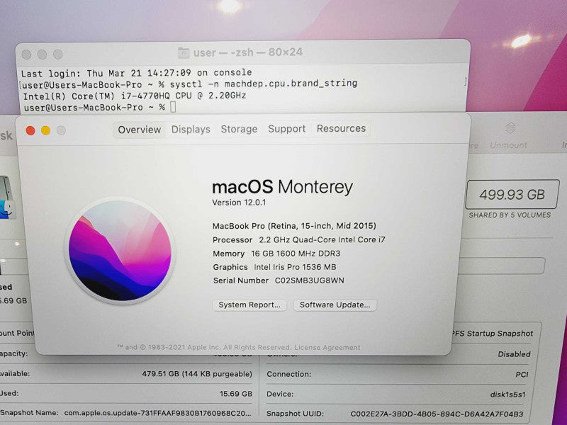Apple Macbook Pro Retina 2015 15\\" 4-Core i7-4770HQ @ 2.2GHz 16GB DDR3 500GB SSD (