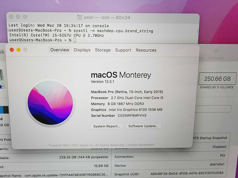 Apple Macbook Pro Retina 2015 13\\" Core i5-5257U @ 2.7GHz 8GB DDR3 250GB SSD (