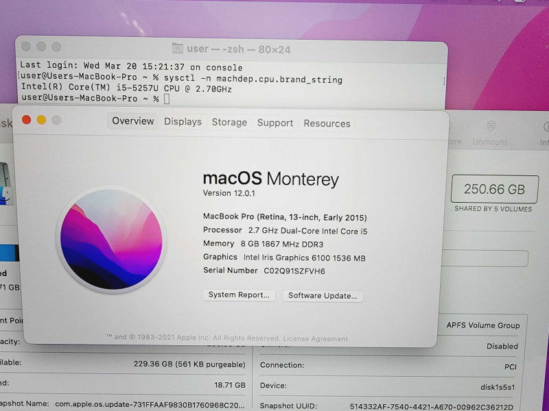 Apple Macbook Pro Retina 2015 13\\" Core i5-5257U @ 2.7GHz 8GB DDR3 250GB SSD (