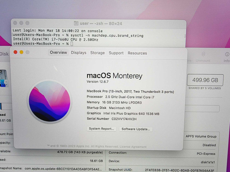 Apple Macbook Pro 2017 13\\" Core i7-7660U @ 2.5GHz 16GB DDR3 500GB SSD [A1708] (