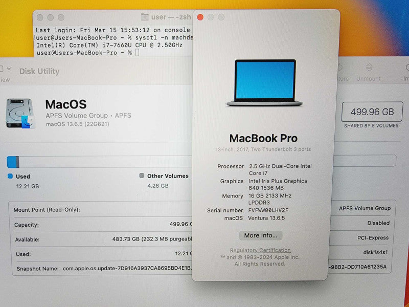 Apple Macbook Pro 2017 13\\" Core i7-7660U @ 2.5GHz 16GB DDR3 500GB SSD [A1708] (