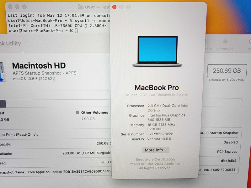Apple Macbook Pro 2017 13\\" Core i5-7360U @ 2.3GHz 16GB DDR3 250GB SSD [Read - A1708] (