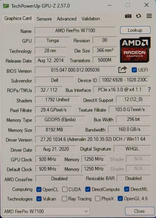 AMD FirePro W7100, 8GB GDDR5 Graphics Card, 4x DisplayPort
