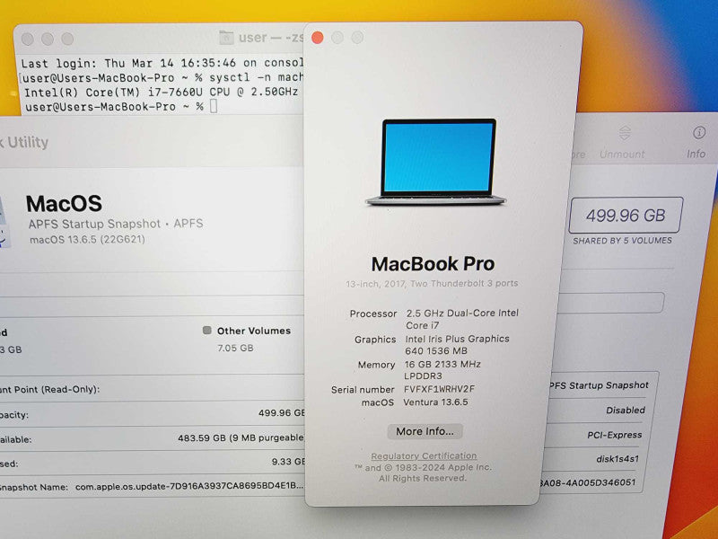 Apple Macbook Pro 2017 13\\" Core i7-7660U @ 2.5GHz 16GB DDR3 500GB SSD [Read - A1708] (