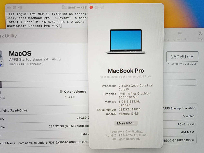 Apple Macbook Pro 2018 13\\" 4-Core i5-8259U @ 2.3GHz 8GB DDR3 250GB SSD [A1989] (
