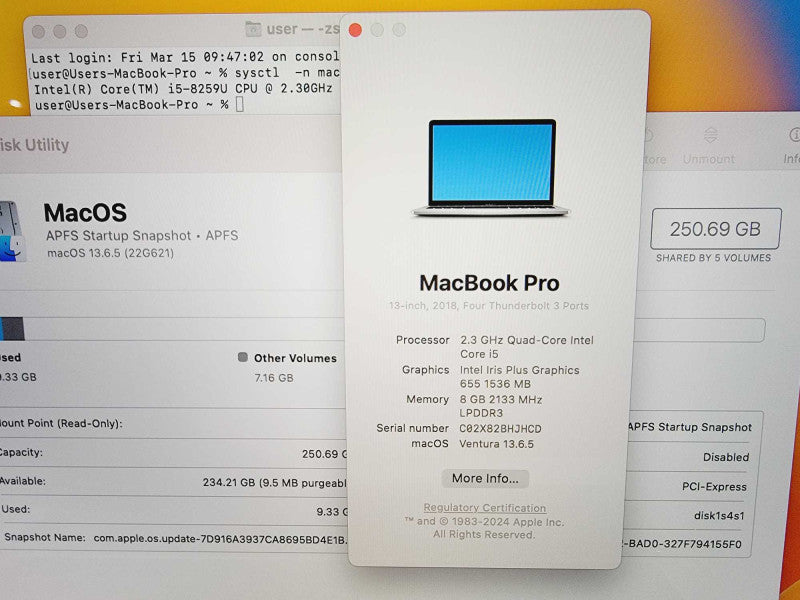Apple Macbook Pro 2018 13\\" 4-Core i5-8259U @ 2.3GHz 8GB DDR3 250GB SSD [Read - A1989] (