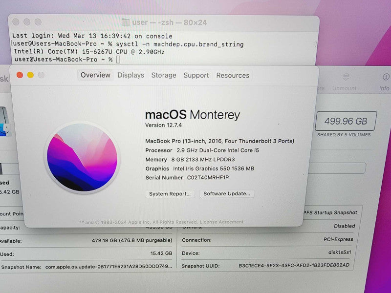 Apple Macbook Pro 2016 13\\" Core i5-6267U @ 2.9GHz 8GB DDR3 500GB SSD (
