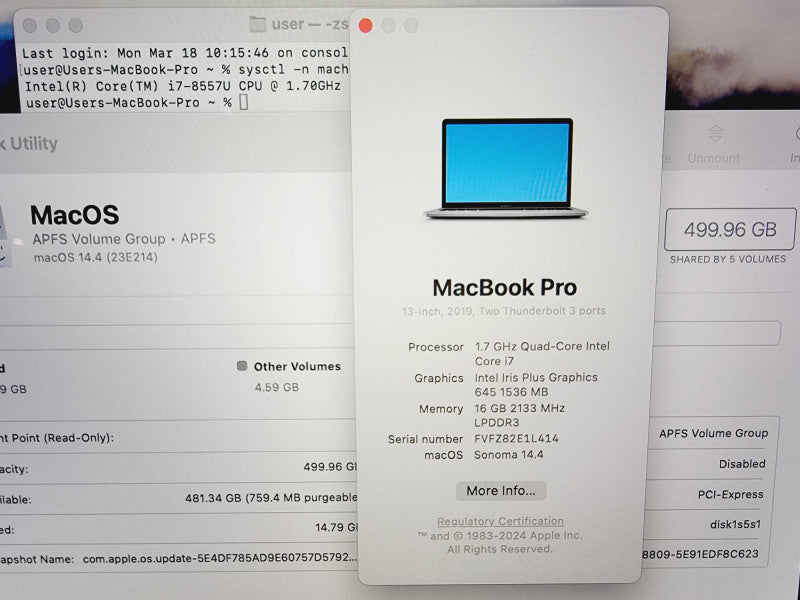 Apple Macbook Pro 2019 13\\" Core i7-8557U @ 1.7GHz 16GB DDR3 500GB SSD (