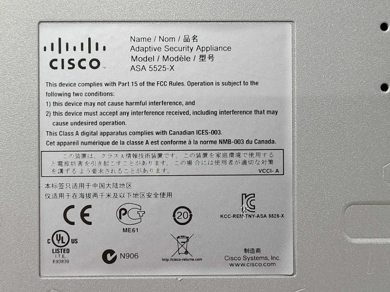 Cisco ASA5525-X ASA5525 V02 Adaptive Security Firewall No HDD, Not Affected