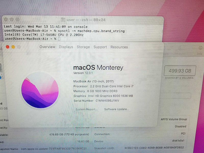 Apple Macbook Air 2017 13\\" Core i7-5650U @ 2.2GHz 8GB DDR3 500GB SSD (