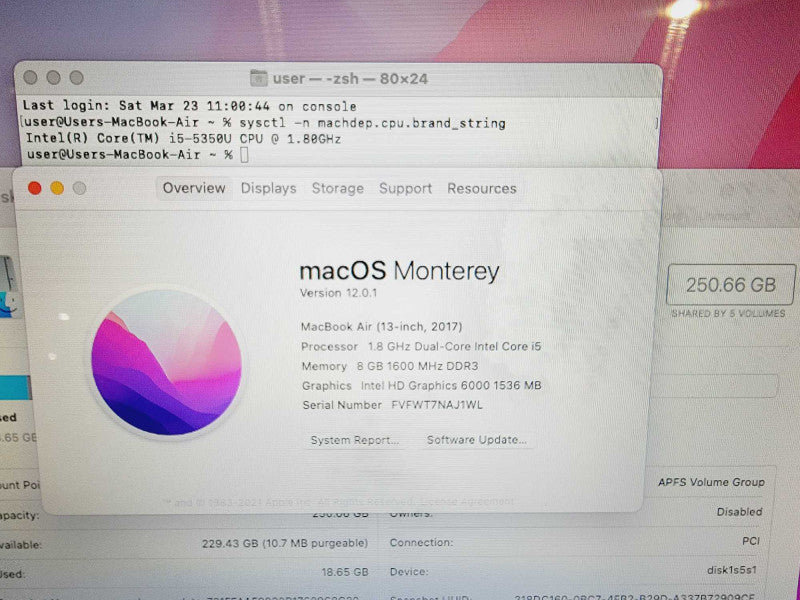 Apple Macbook Air 2017 13\\" Core i5-5350U @ 1.8GHz 8GB DDR3 250GB SSD (
