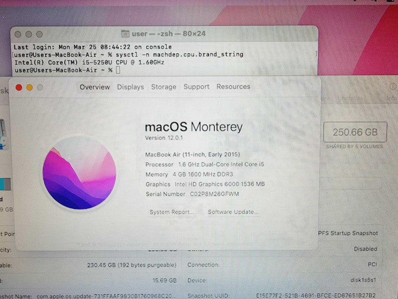 Apple Macbook Air 2015 11\\" Core i5-5250U @ 1.6GHz 4GB DDR3 250GB SSD (