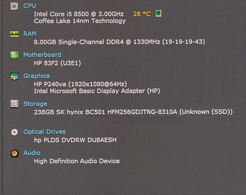 HP ProDesk 400 G5 SFF, i5-8500 3.00GHz, 8GB DDR4, 256GB NVMe
