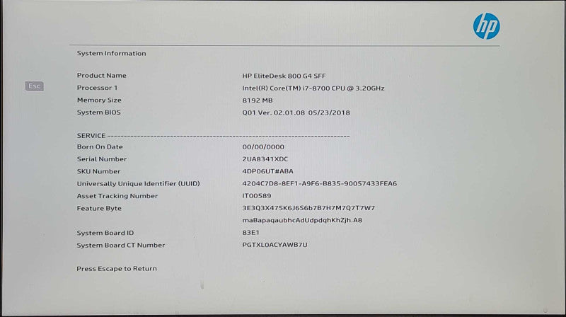 HP EliteDesk 800 G4 SFF, i7-8700 3.20GHz, 8GB DDR4, 500GB NVMe