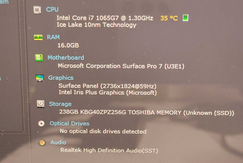 Microsoft Surface Pro 7 Core i7-1065G7 16GB RAM, 256GB SSD, w/ Power, READ _