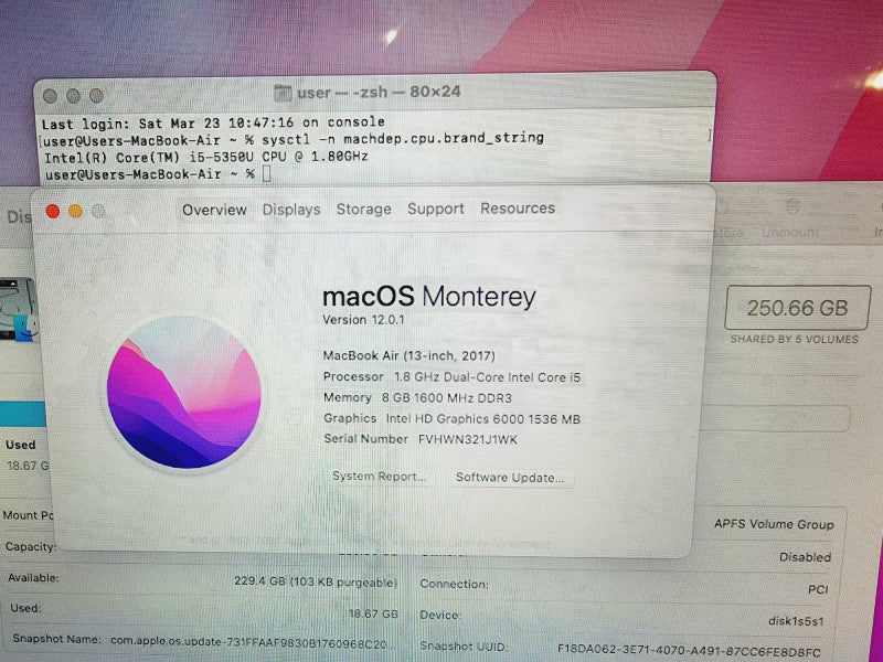 Apple Macbook Air 2017 13\\" Core i5-5350U @ 1.8GHz 8GB DDR3 250GB SSD [Read] (