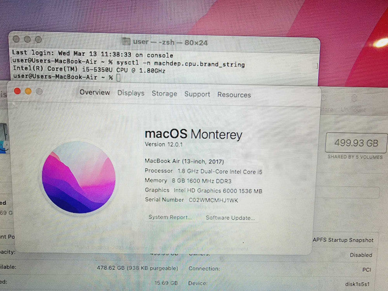 Apple Macbook Air 2017 13\\" Core i5-5350U @ 1.8GHz 8GB DDR3 500GB SSD [Read] (