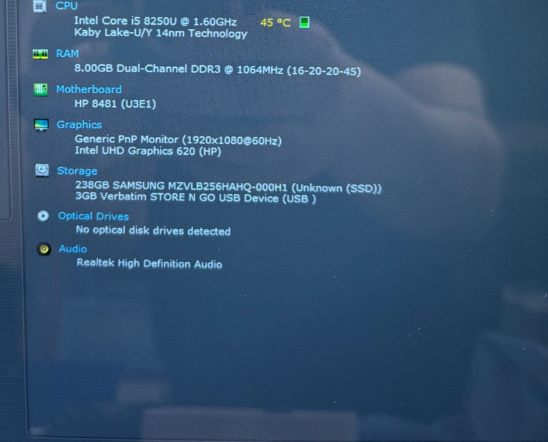 HP ENVY Laptop 13 TOUCH Intel core i5-8250U@1.6GHz 8bGB RAM 256GB  SSD READ!