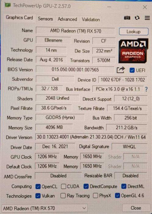 AMD Radeon RX 570 | 4GB GDDR5 Graphics Card | 3x DP 1x HDMI | 0WNH0V