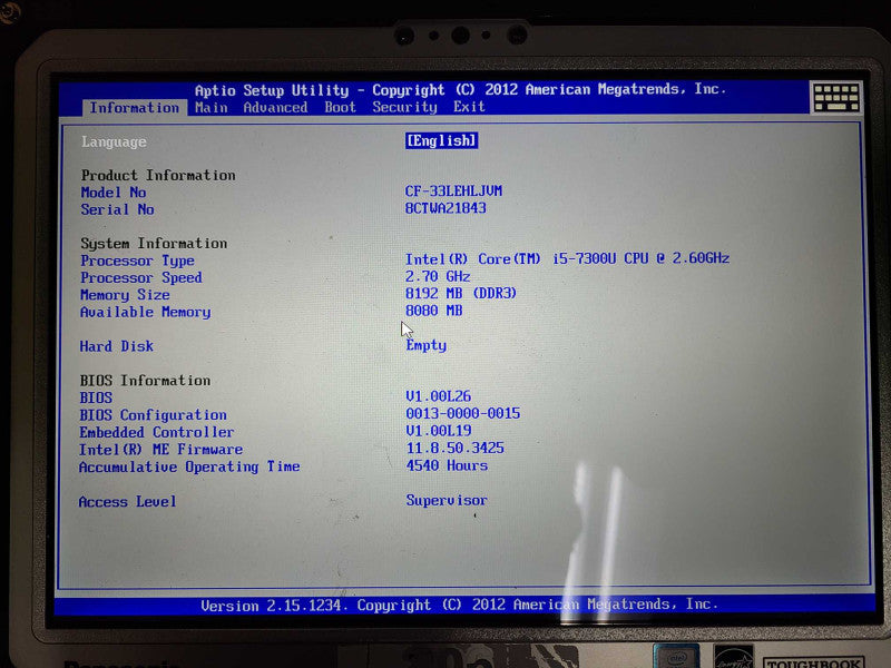 Panasonic CF-33 Toughbook, i5-7300U 2.60GHz, 8GB RAM, 4540Hrs
