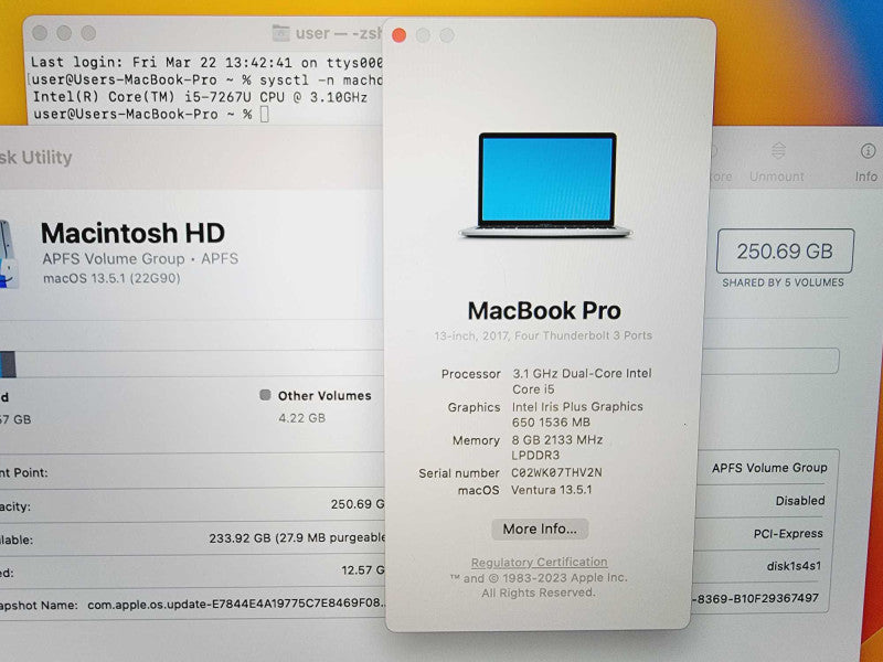 Apple Macbook Pro 2017 13\\" Core i5-7267U @ 3.1GHz 8GB DDR3 250GB SSD (