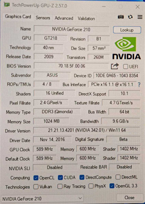 ASUS NVIDIA GeForce 210 (EN210) 1GB DDR3 PCIe Silent Video Card