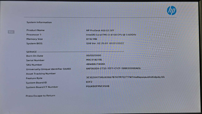 HP ProDesk 400 G5 SFF | i3-8100 @ 3.60GHz 4C, 8GB DDR4, No HDD/OS Q
