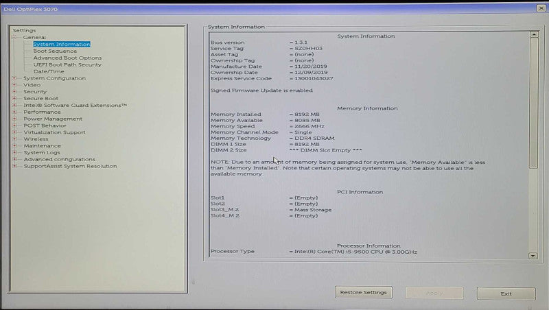 Dell OptiPlex 3070 SFF, i5-9500 3.00GHz, 8GB DDR4, 256GB Nvme