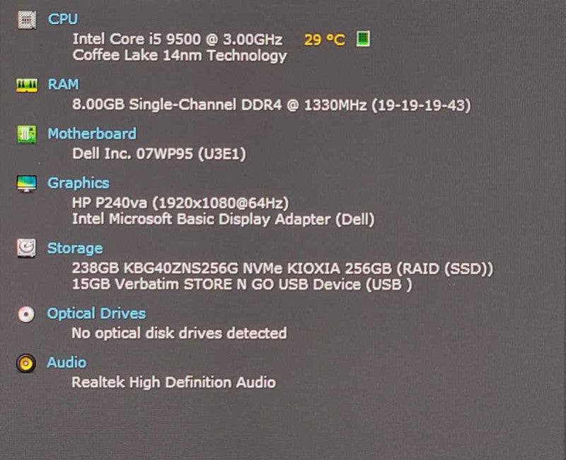 Dell OptiPlex 3070 SFF, i5-9500 3.00GHz, 8GB DDR4, 256GB Nvme
