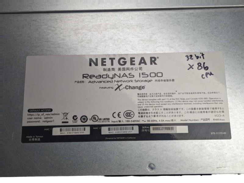 NetGear ReadyNAS 1500 RNRX4 4 bay 1U Rackmount NAS Appliance -