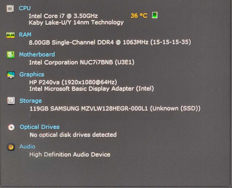 Intel NUC7i7BNB Mini PC, i7-7567U 3.5GHz, 8GB DDR4 RAM, 128GB Nvme, WiFi