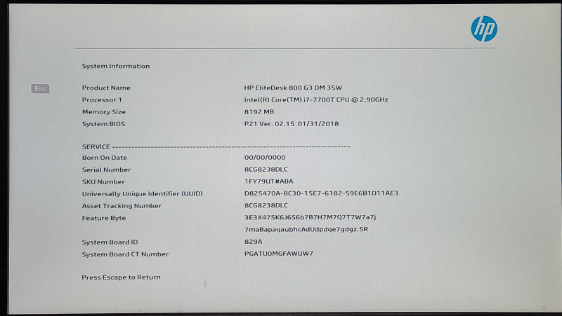 HP EliteDesk 800 G3 USFF, i7-7700T 2.90GHz, 8GB DDR4 RAM, 256GB Nvme, WiFi