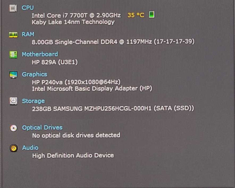 HP EliteDesk 800 G3 USFF, i7-7700T 2.90GHz, 8GB DDR4 RAM, 256GB Nvme, WiFi