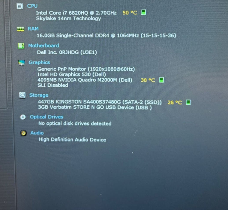 Dell Precision 7510 i7-6820HQ@2.7GHz QUADRO M2000M 4GB GPU 16GB 256SSD READ!
