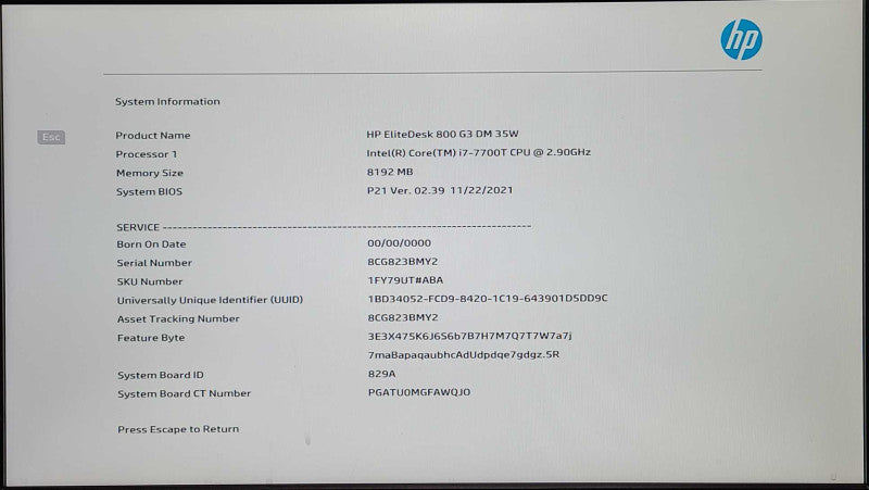 HP EliteDesk 800 G3 USFF, i7-7700T 2.90GHz, 8GB DDR4 RAM, 256GB Nvme, WiFi