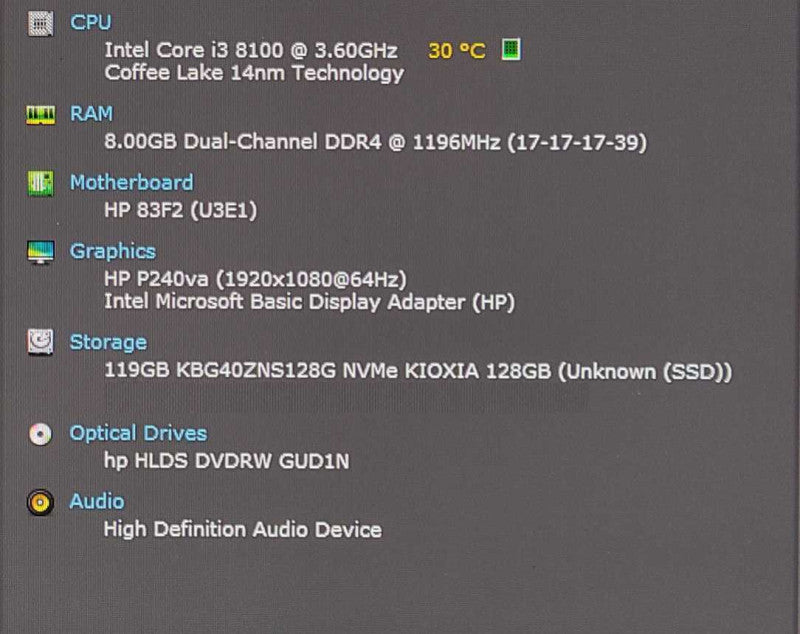 HP ProDesk 400 G5 SFF, i3-8100 3.60GHz 4C, 8GB DDR4, 128GB Nvme