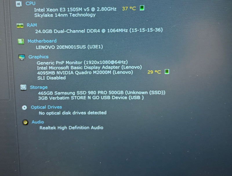 Lenovo ThinkPad P50 XEON E3-1505M@2.8Gh QUADRO M2000M 4GB GPU 24GB RAM 500SSD