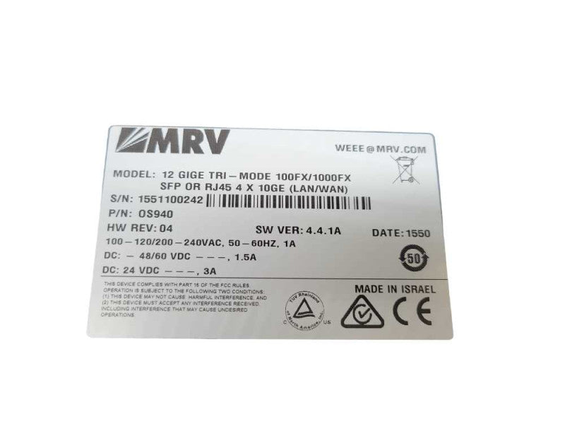 MRV OS940 - 12 GIGE TRI-MODE 100FX/1000FX SFP OR RJ45 4x10GE LAN/WAN Q%