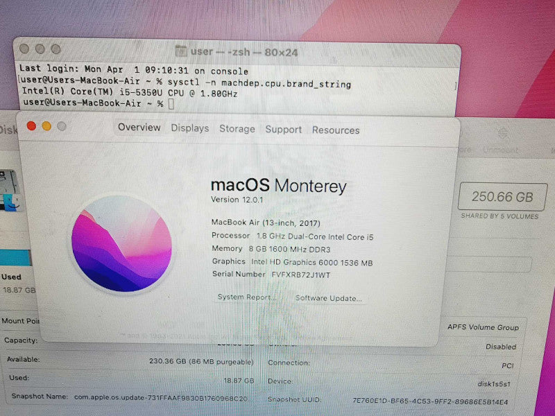 Apple Macbook Air 2017 13\\" Core i5-5350U @ 1.8GHz 8GB DDR3 250GB SSD (