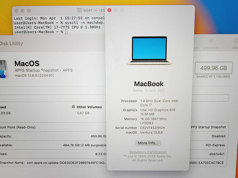 Apple Macbook Retina 2017 12\\" Core i7-7Y75 @ 1.3GHz 16GB DDR3 500GB SSD (