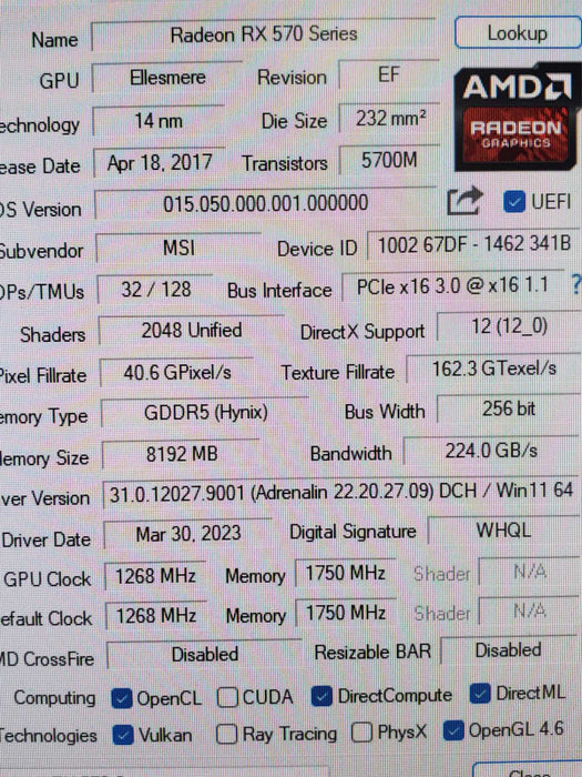 MSI Radeon RX 570 Armor 8G OC 8GB GPU |